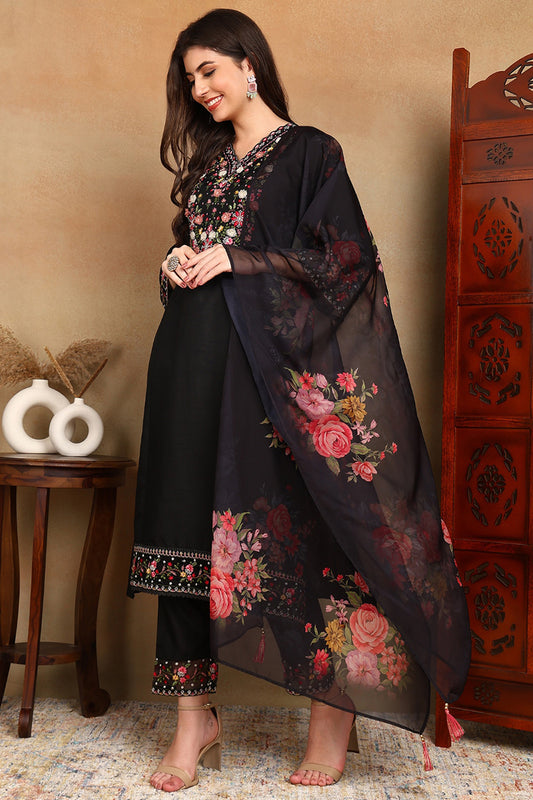 Black Silk Blend Solid Embroidered Straight Trouser Bottom Suit Set PKSKD2474