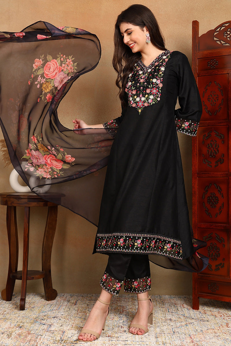 Black Silk Blend Solid Embroidered Straight Trouser Bottom Suit Set PKSKD2474