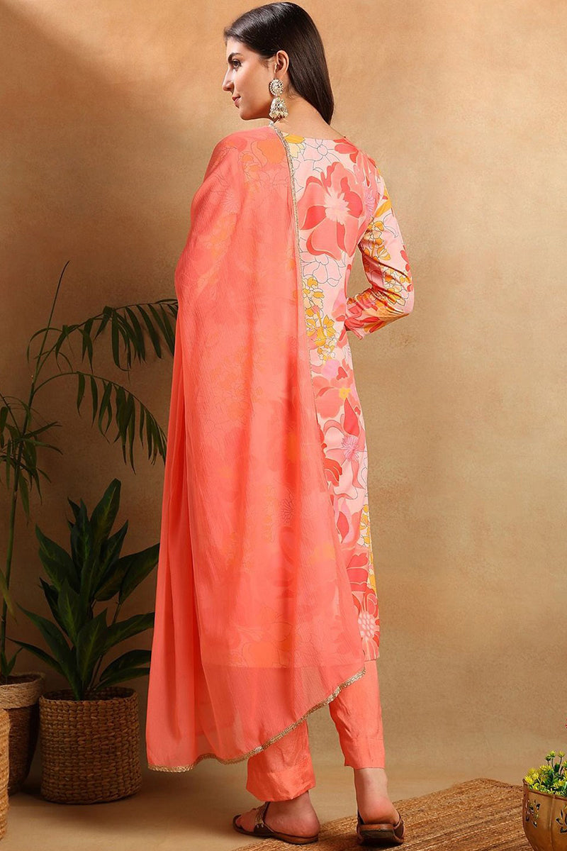 Peach Rayon Blend Floral Printed Straight Trouser Suit Set PKSKD2477