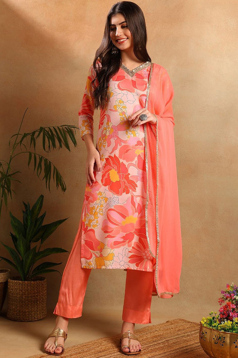 Peach Rayon Blend Floral Printed Straight Trouser Suit Set PKSKD2477