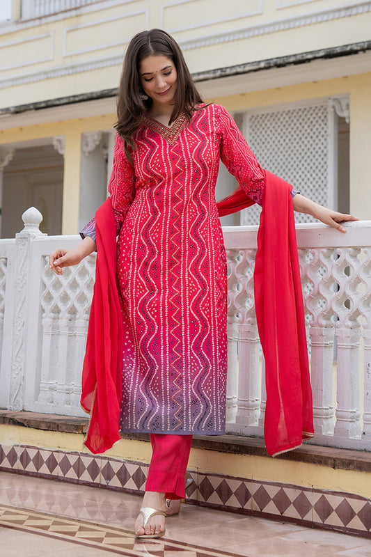 Red Rayon Blend Bandhani Printed Straight Trouser Bottom Suit Set PKSKD2484