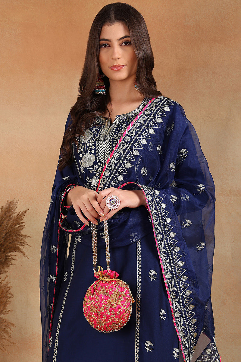 Navy Blue Silk Blend Solid Yoke Design Straight Palazzo Suit Set PKSKD2486