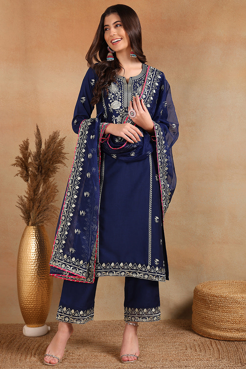 Navy Blue Silk Blend Solid Yoke Design Straight Palazzo Suit Set PKSKD2486