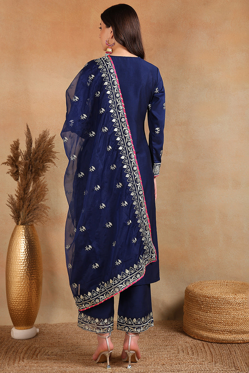 Navy Blue Silk Blend Solid Yoke Design Straight Palazzo Suit Set PKSKD2486