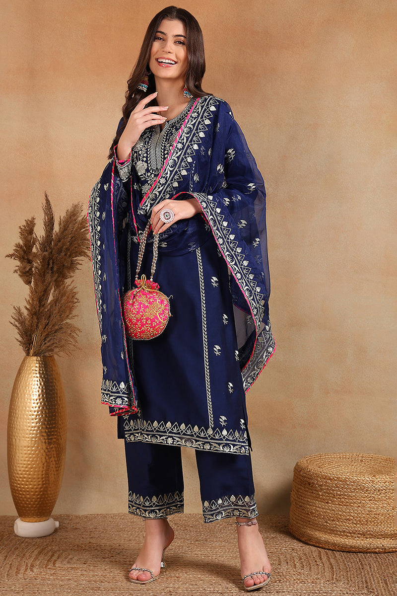 Navy Blue Silk Blend Solid Yoke Design Straight Palazzo Suit Set PKSKD2486