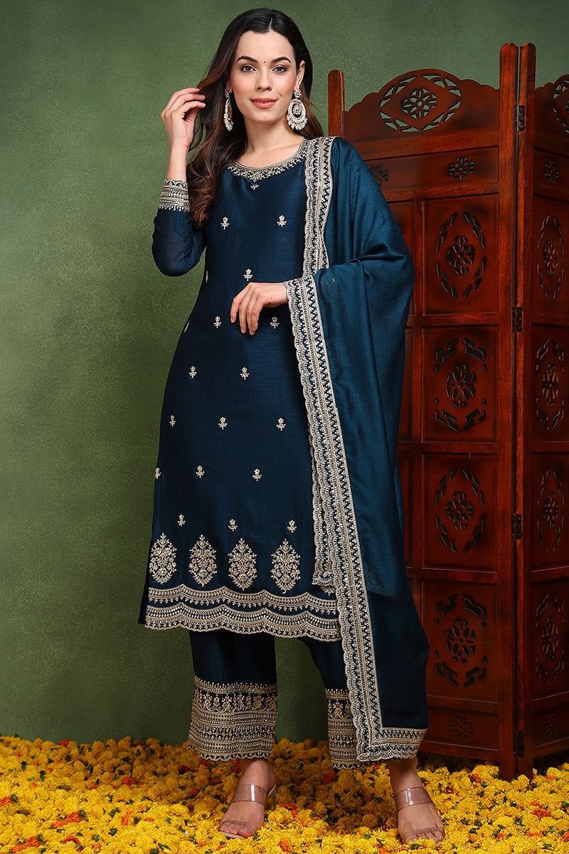 Dark Blue Silk Blend Solid Embroidered Straight Suit Set PKSKD2487