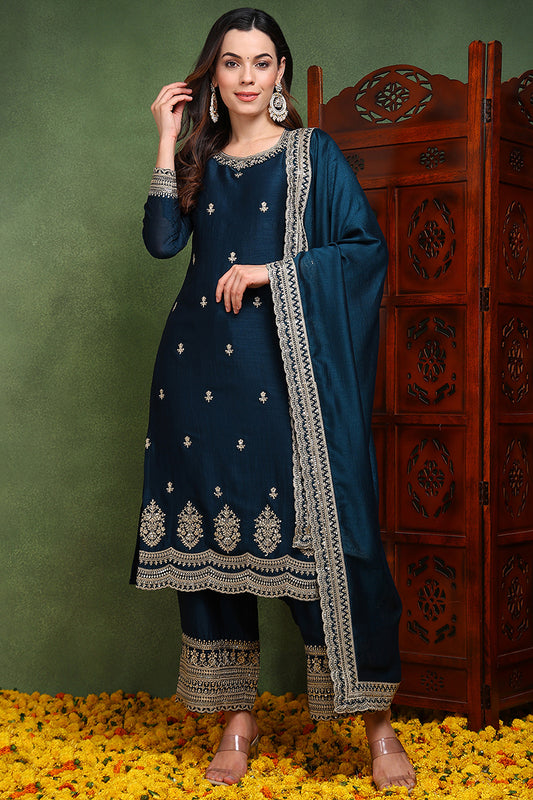 Dark Blue Silk Blend Solid Embroidered Straight Suit Set PKSKD2487