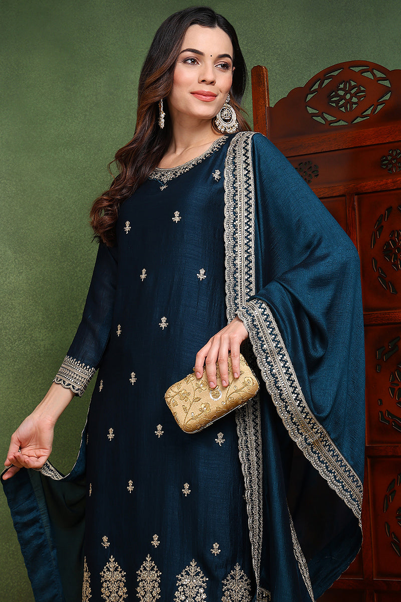 Dark Blue Silk Blend Solid Embroidered Straight Suit Set PKSKD2487