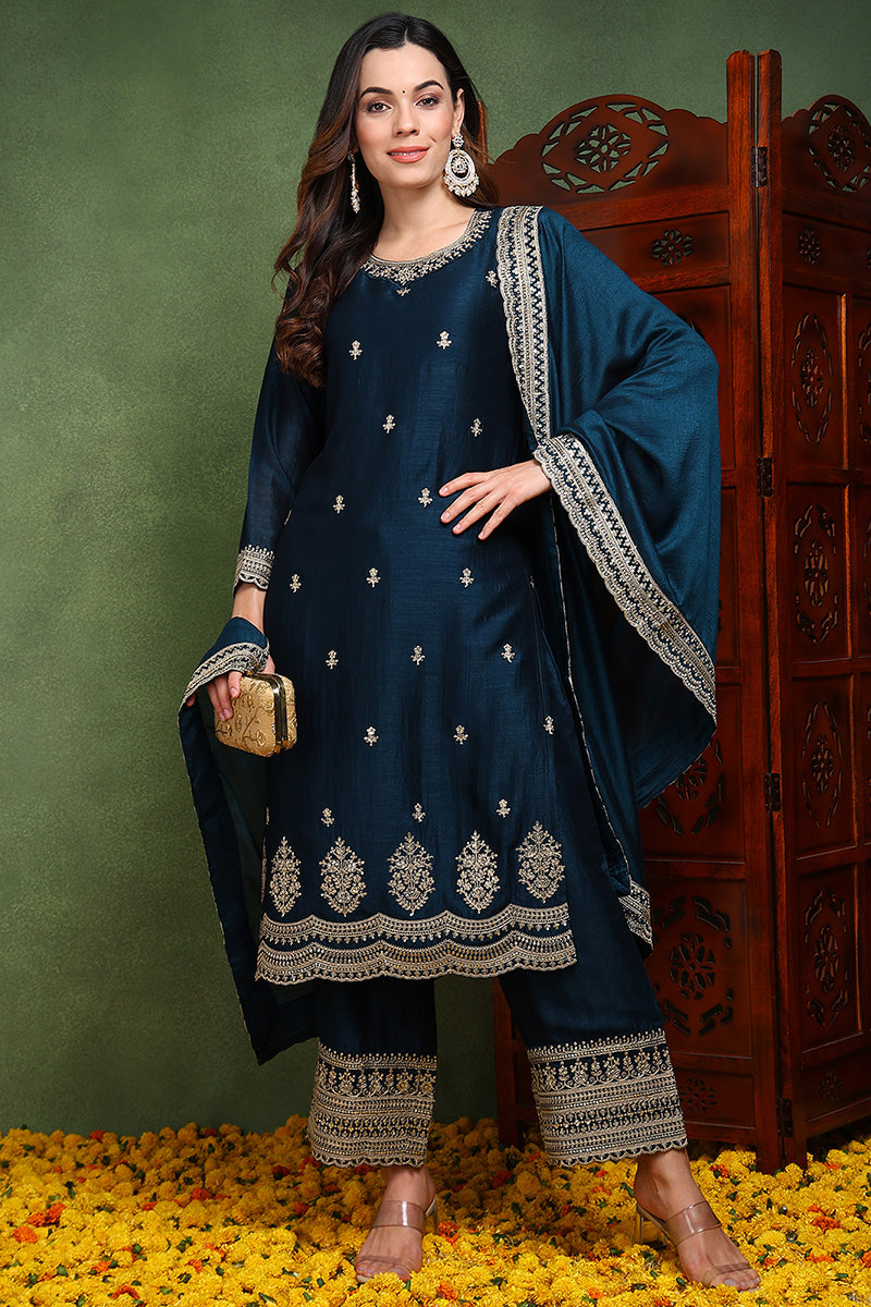 Dark Blue Silk Blend Solid Embroidered Straight Suit Set PKSKD2487