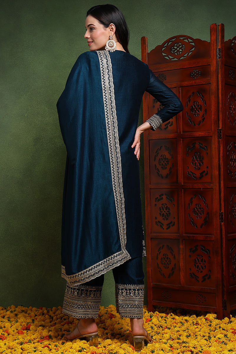 Dark Blue Silk Blend Solid Embroidered Straight Suit Set PKSKD2487