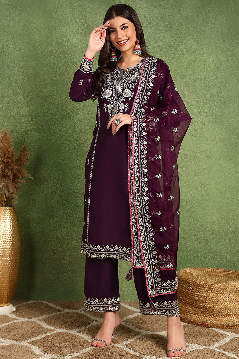 Purple Silk Blend Yoke Design Zari Straight Palazzo Suit Set PKSKD2488