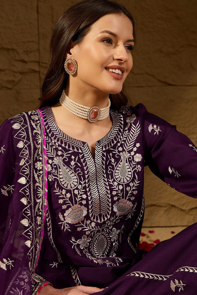 Purple Silk Blend Yoke Design Zari Straight Palazzo Suit Set PKSKD2488