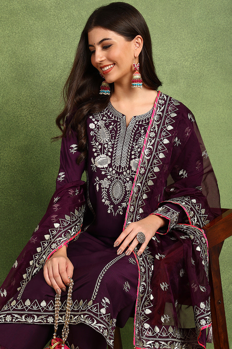 Purple Silk Blend Yoke Design Zari Straight Palazzo Suit Set PKSKD2488