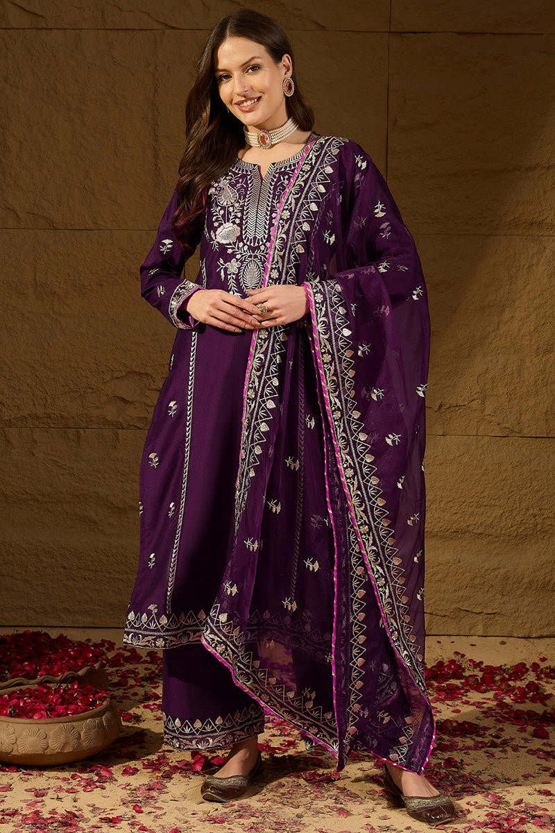 Purple Silk Blend Yoke Design Zari Straight Palazzo Suit Set PKSKD2488