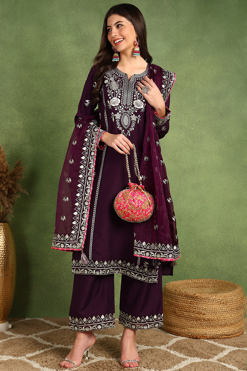 Purple Silk Blend Yoke Design Zari Straight Palazzo Suit Set PKSKD2488