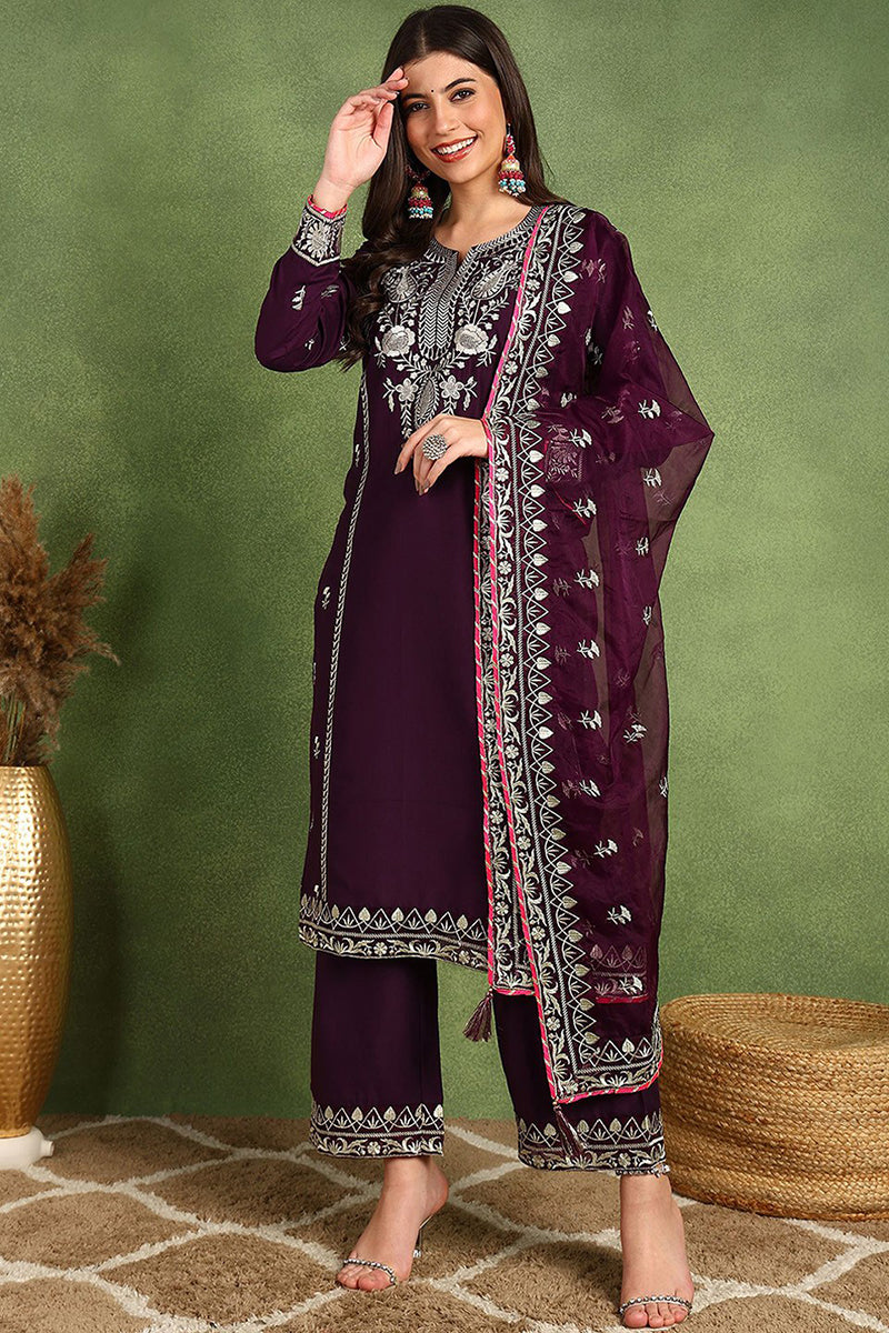 Purple Silk Blend Yoke Design Zari Straight Palazzo Suit Set PKSKD2488