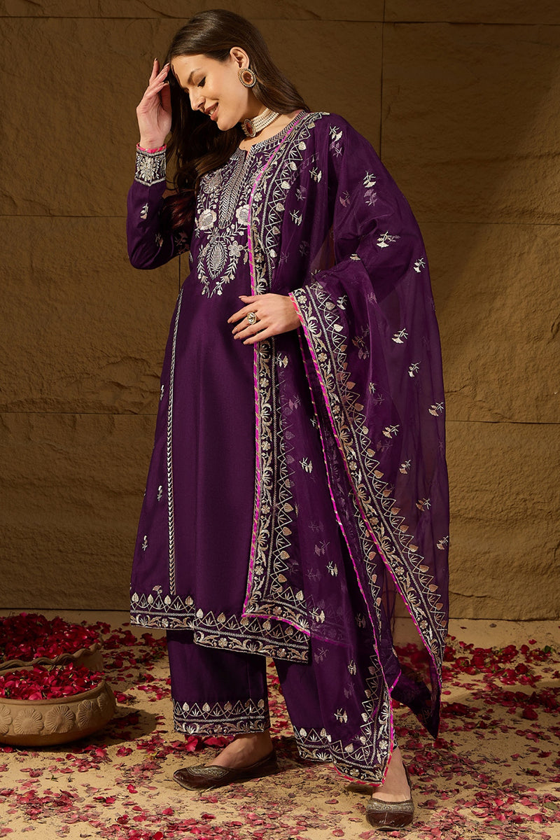 Purple Silk Blend Yoke Design Zari Straight Palazzo Suit Set PKSKD2488