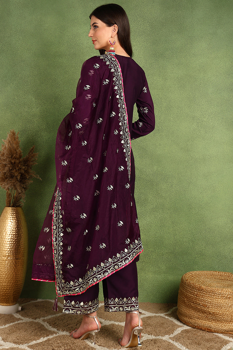 Purple Silk Blend Yoke Design Zari Straight Palazzo Suit Set PKSKD2488