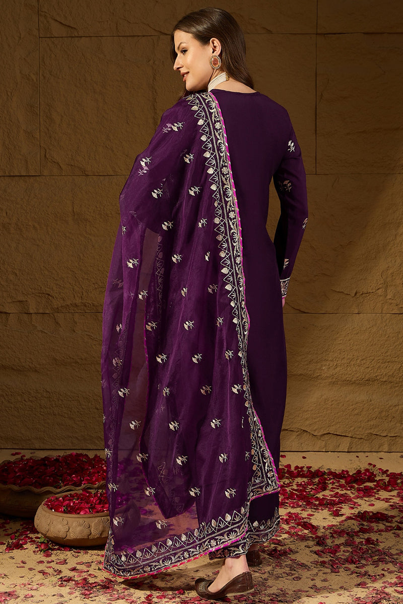 Purple Silk Blend Yoke Design Zari Straight Palazzo Suit Set PKSKD2488