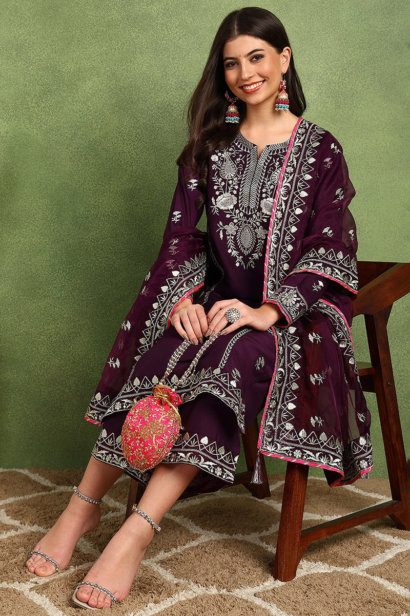 Purple Silk Blend Yoke Design Zari Straight Palazzo Suit Set PKSKD2488