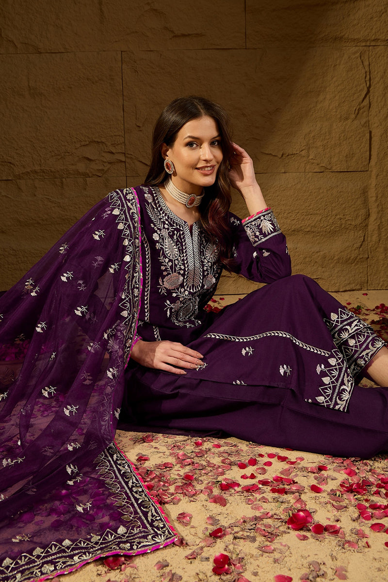 Purple Silk Blend Yoke Design Zari Straight Palazzo Suit Set PKSKD2488