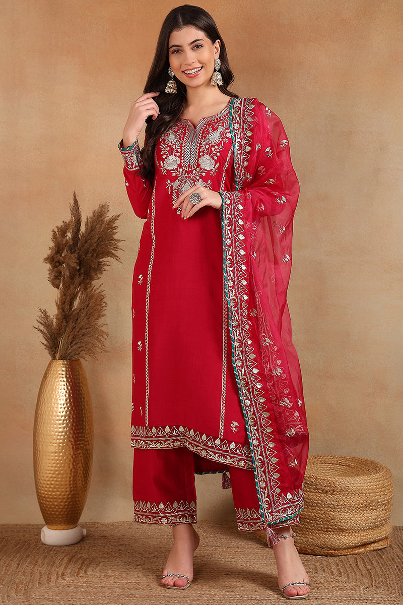 Red Silk Blend Solid Yoke Design Straight Palazzo Suit Set PKSKD2490