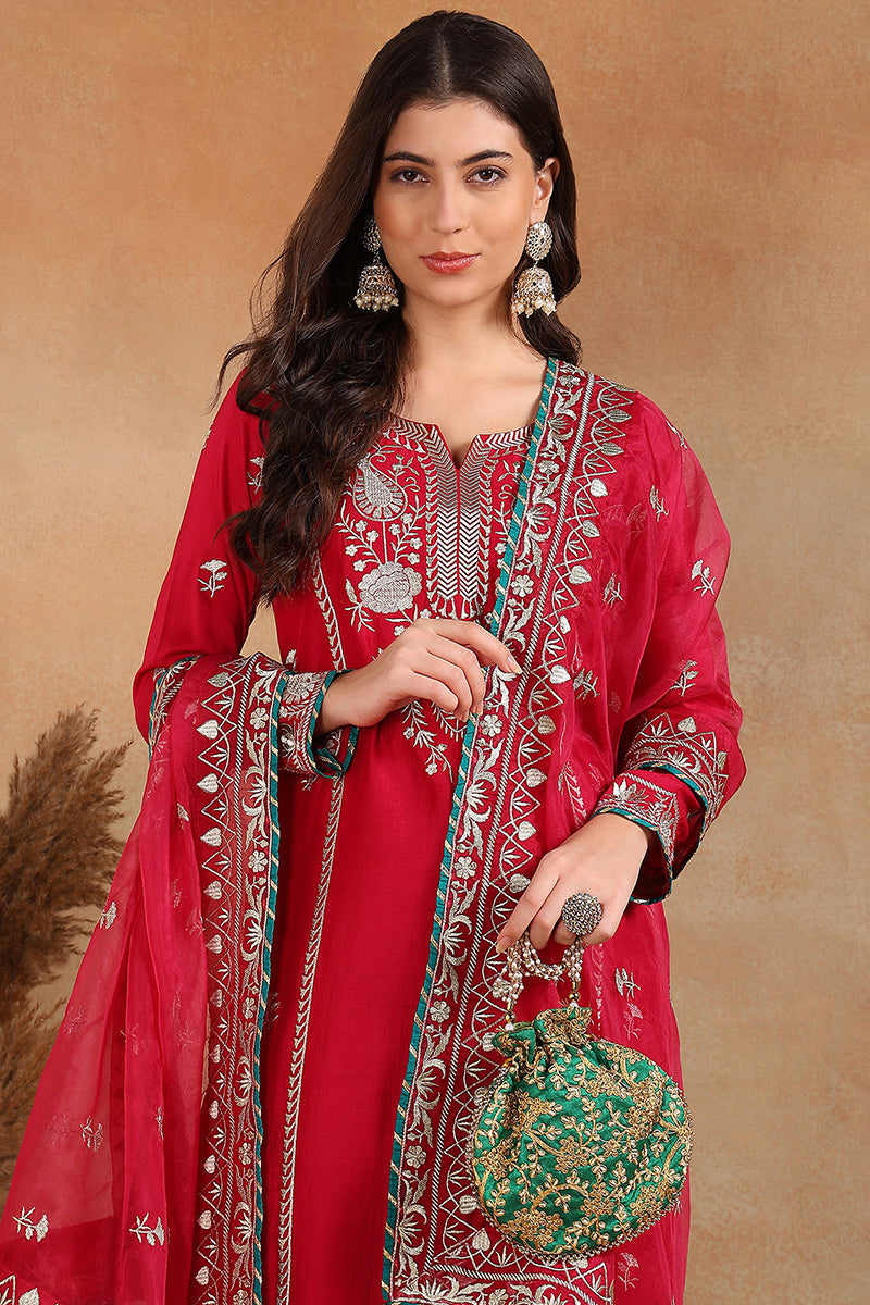 Red Silk Blend Solid Yoke Design Straight Palazzo Suit Set PKSKD2490