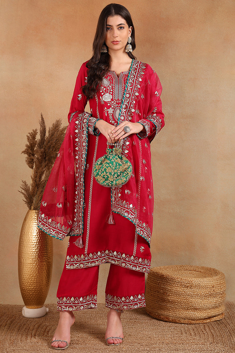 Red Silk Blend Solid Yoke Design Straight Palazzo Suit Set PKSKD2490