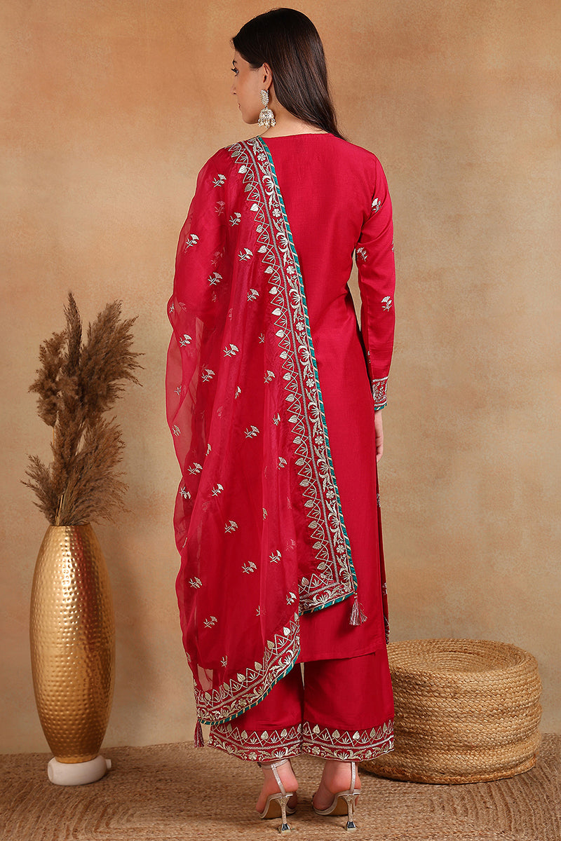 Red Silk Blend Solid Yoke Design Straight Palazzo Suit Set PKSKD2490