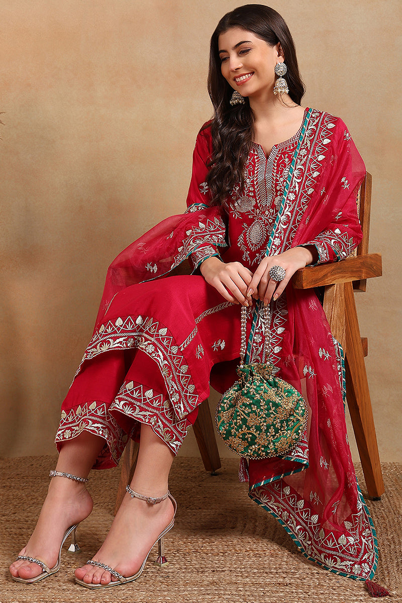 Red Silk Blend Solid Yoke Design Straight Palazzo Suit Set PKSKD2490