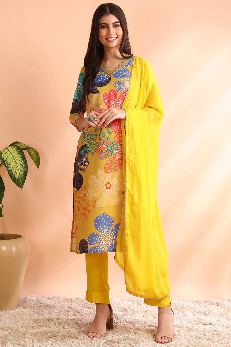 Yellow Cotton Blend Floral Printed Straight Trouser Suit Set PKSKD2492