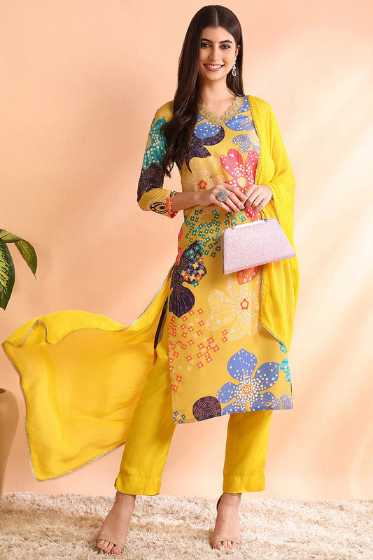 Yellow Cotton Blend Floral Printed Straight Trouser Suit Set PKSKD2492