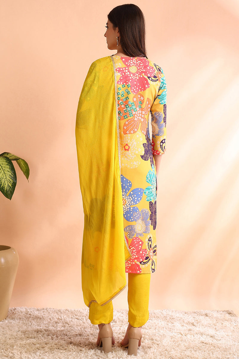 Yellow Cotton Blend Floral Printed Straight Trouser Suit Set PKSKD2492