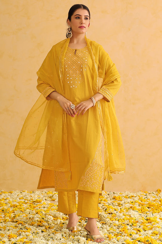 Mustard Yellow Silk Blend Solid Yoke Design Straight Suit Set PKSKD2501YLW