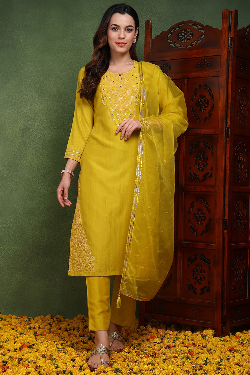 Mustard Yellow Silk Blend Solid Yoke Design Straight Suit Set PKSKD2501YLW