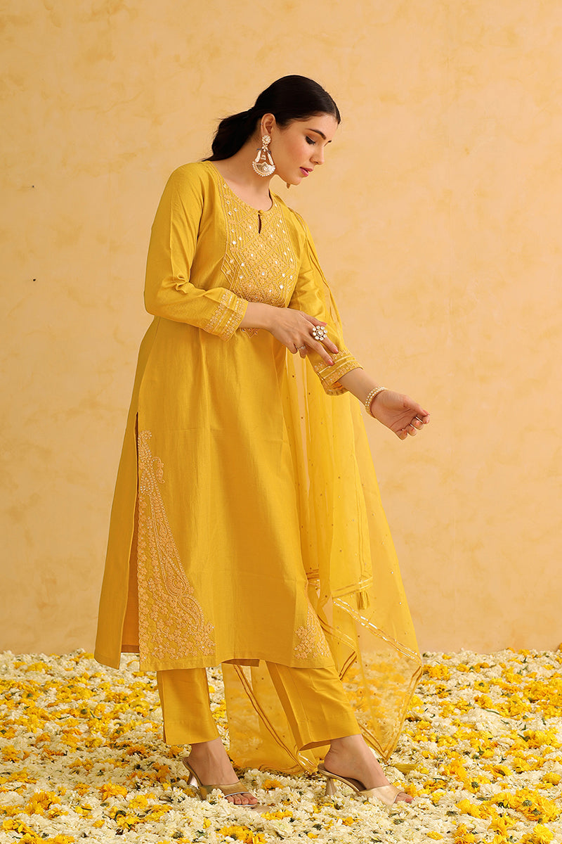 Mustard Yellow Silk Blend Solid Yoke Design Straight Suit Set PKSKD2501YLW