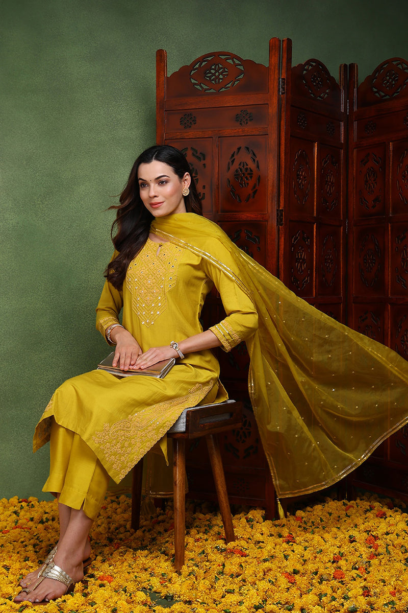 Mustard Yellow Silk Blend Solid Yoke Design Straight Suit Set PKSKD2501YLW