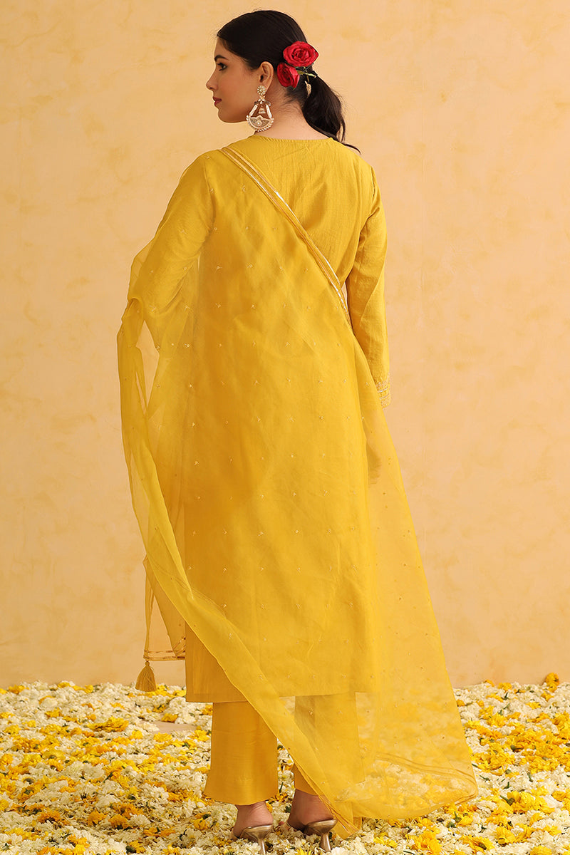 Mustard Yellow Silk Blend Solid Yoke Design Straight Suit Set PKSKD2501YLW