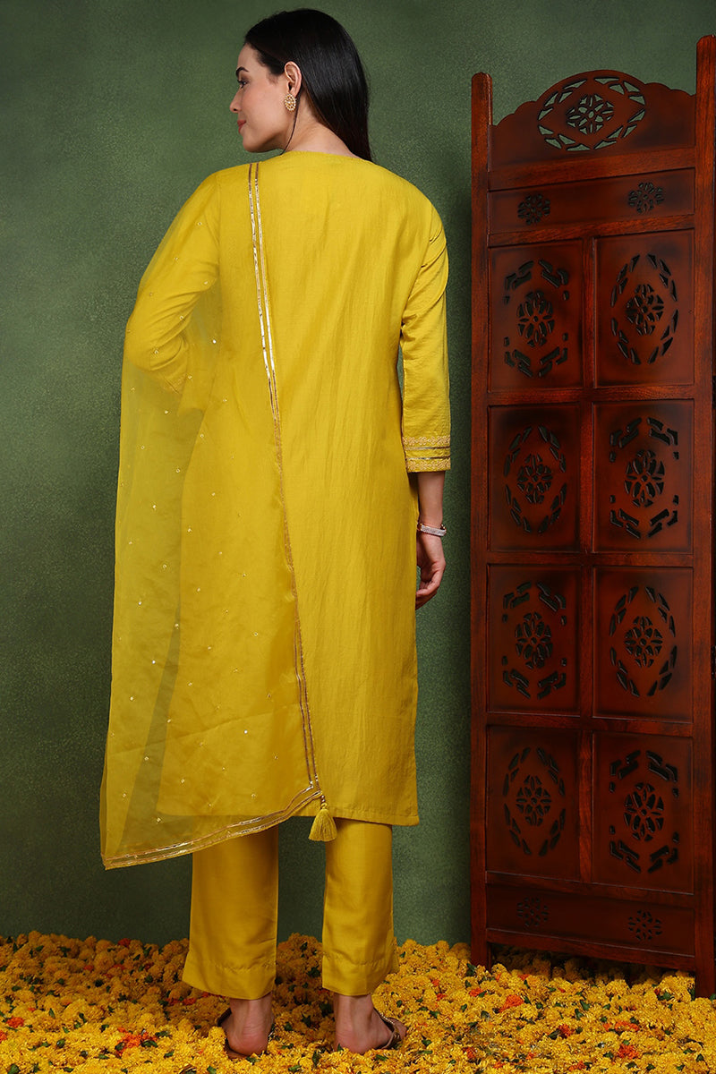 Mustard Yellow Silk Blend Solid Yoke Design Straight Suit Set PKSKD2501YLW