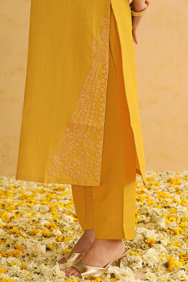 Mustard Yellow Silk Blend Solid Yoke Design Straight Suit Set PKSKD2501YLW