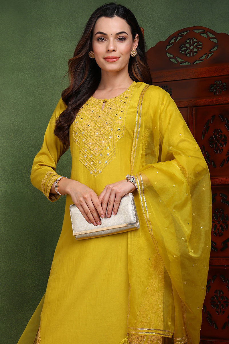 Mustard Yellow Silk Blend Solid Yoke Design Straight Suit Set PKSKD2501YLW