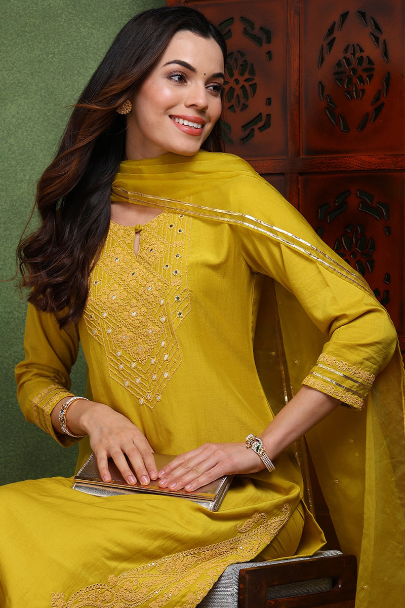 Mustard Yellow Silk Blend Solid Yoke Design Straight Suit Set PKSKD2501YLW