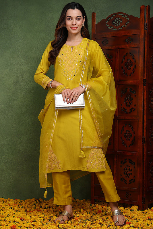 Mustard Yellow Silk Blend Solid Yoke Design Straight Suit Set PKSKD2501YLW