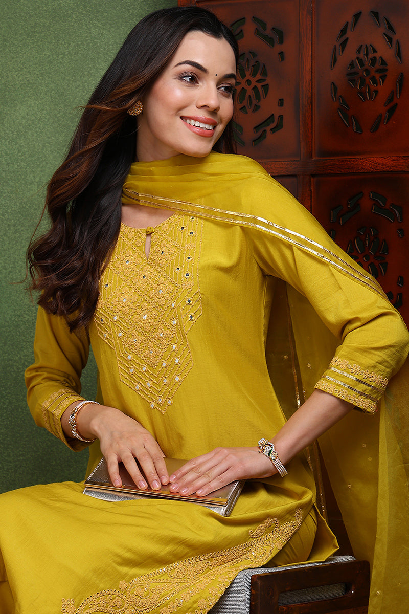 Mustard Yellow Silk Blend Solid Yoke Design Straight Suit Set PKSKD2501YLW