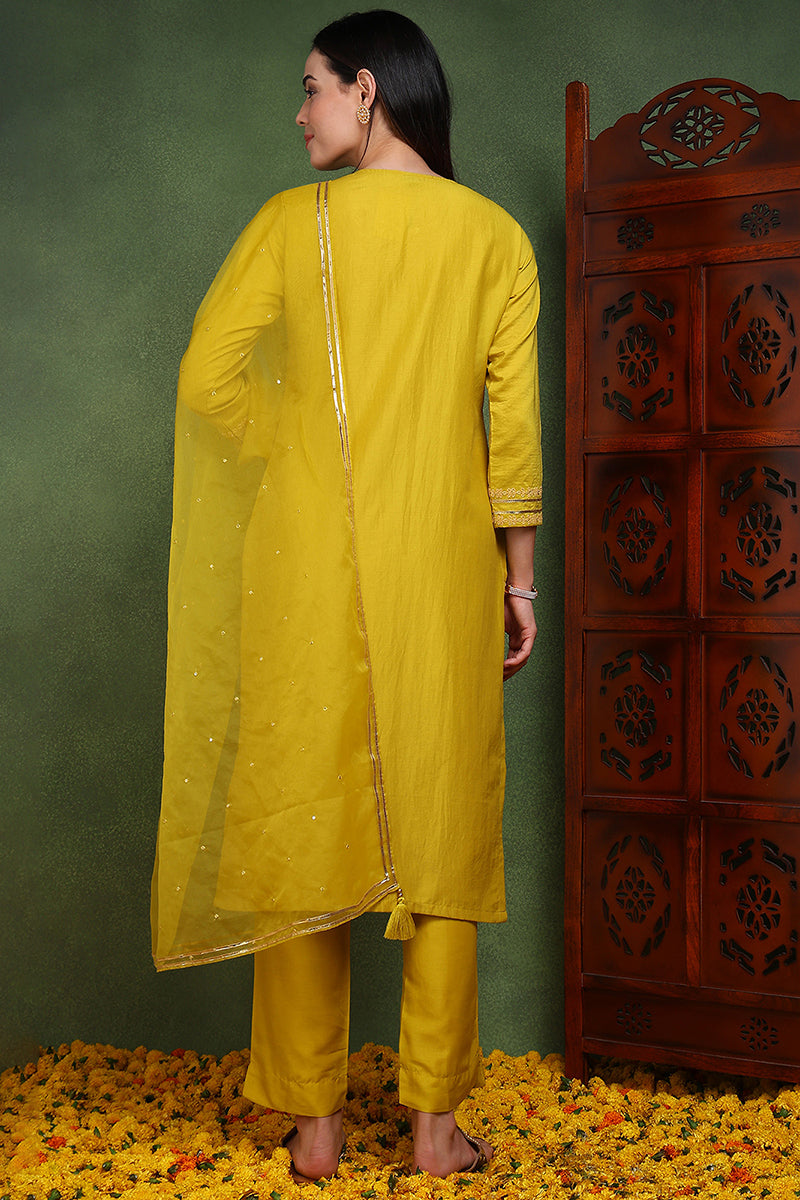 Mustard Yellow Silk Blend Solid Yoke Design Straight Suit Set PKSKD2501YLW