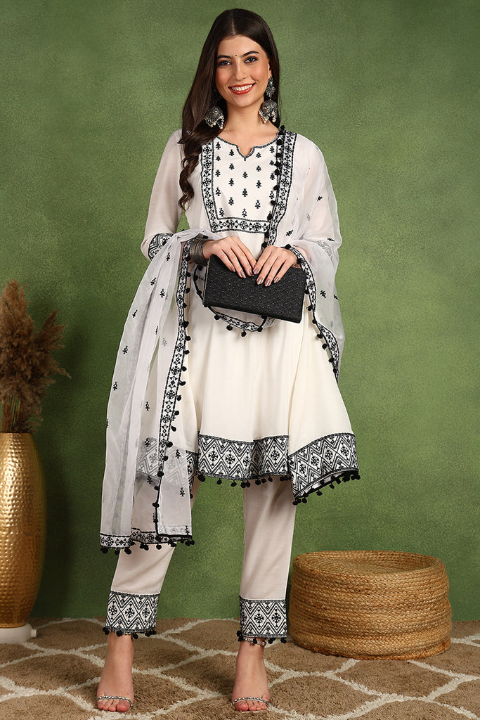 White Silk Blend Embroidered Thread Work A-Line Trouser Suit