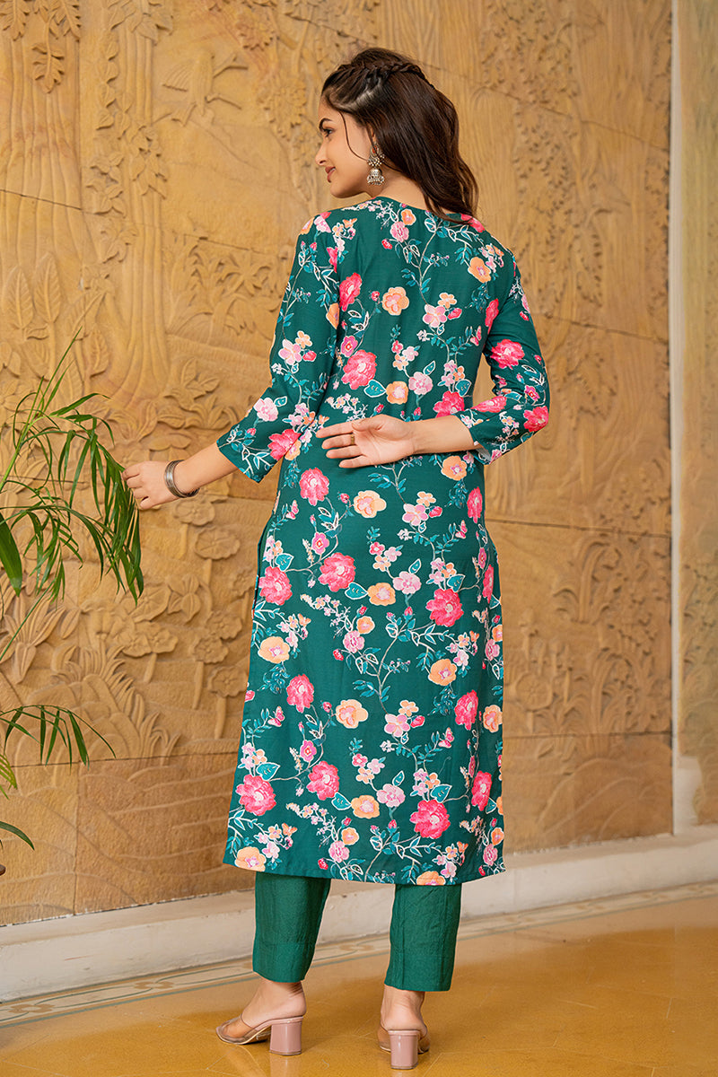 Green Rayon Blend Floral Printed Straight Trouser Suit Set PKSKD2510GRN