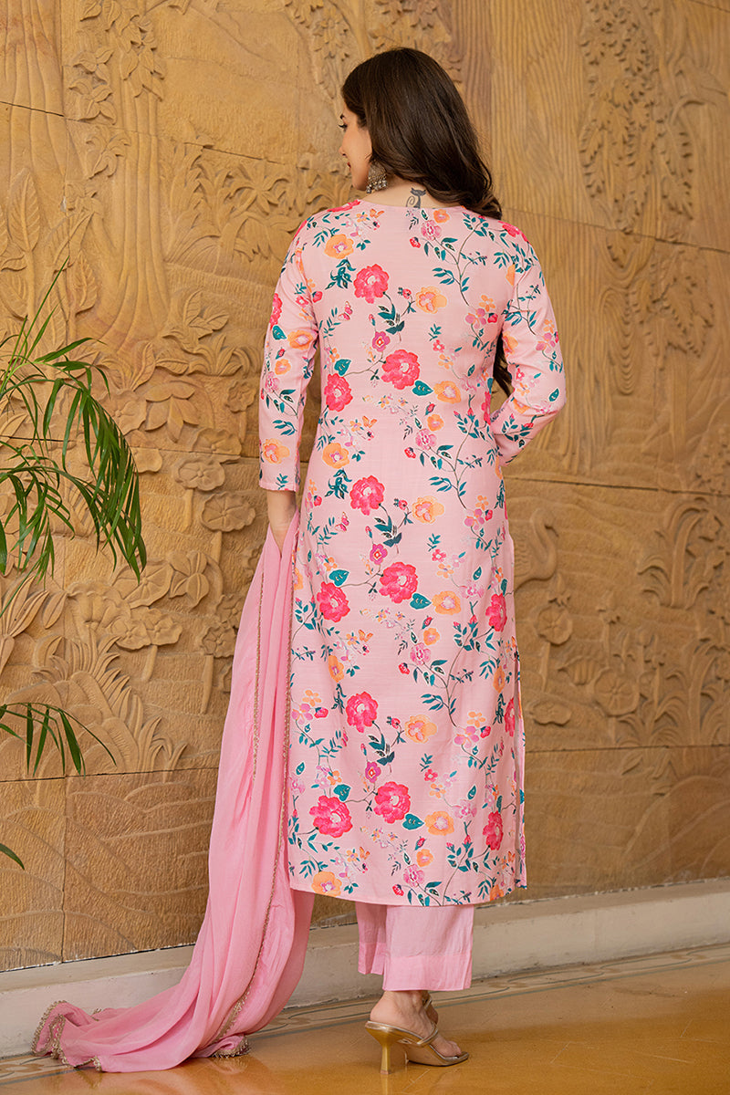 Pink Rayon Blend Floral Printed Straight Suit Set PKSKD2510PNK