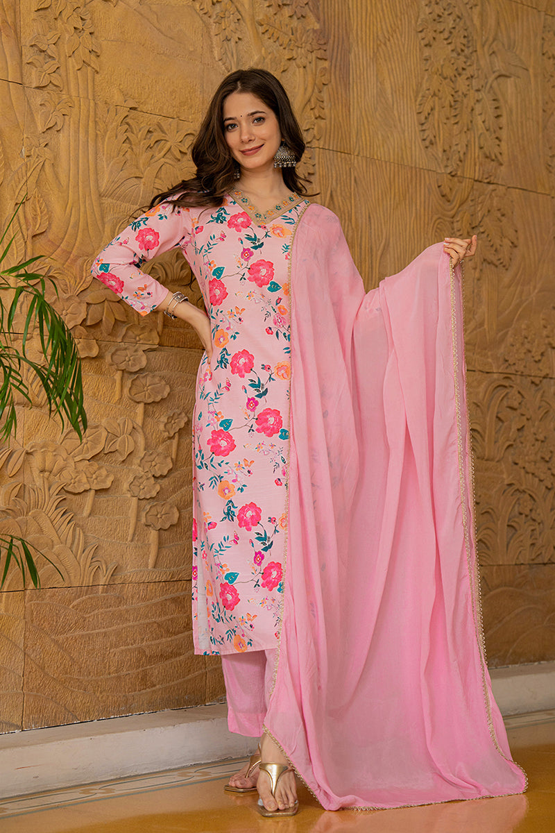 Pink Rayon Blend Floral Printed Straight Suit Set PKSKD2510PNK