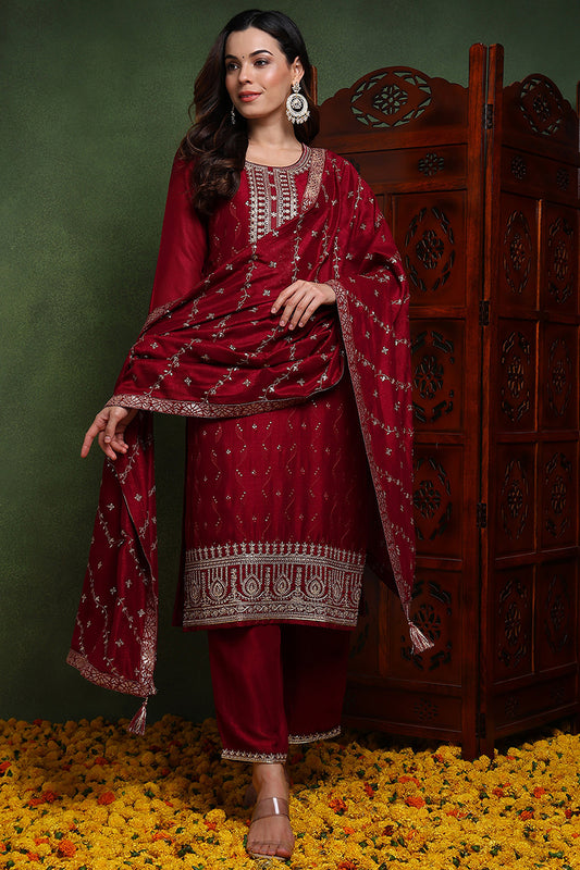 Maroon Silk Blend Solid Embroidered Straight Suit Set PKSKD2511MRN